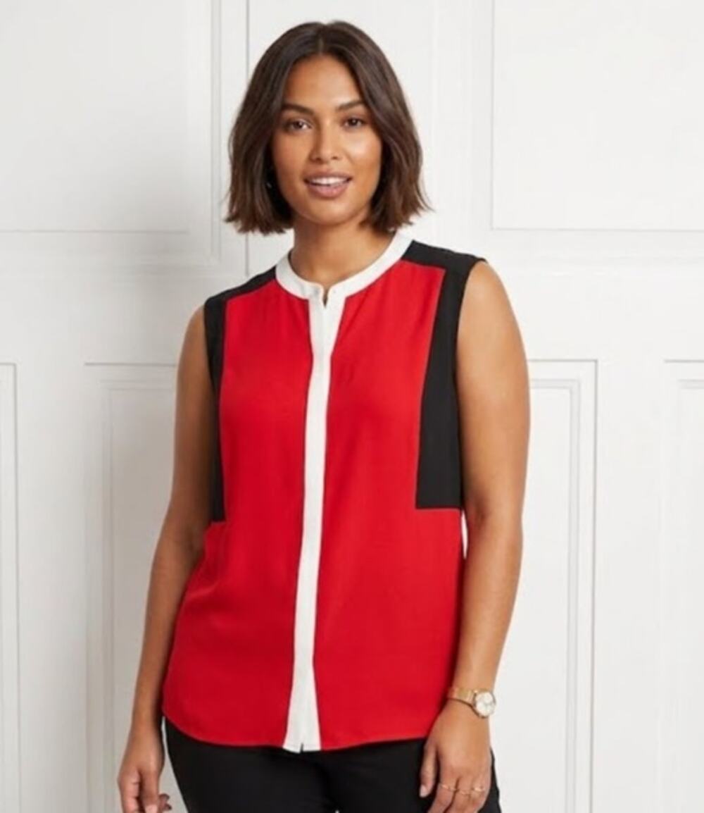 Nine West Sleeveless ColorBlock Blouse Relaxed Button Up Career Top Size 16